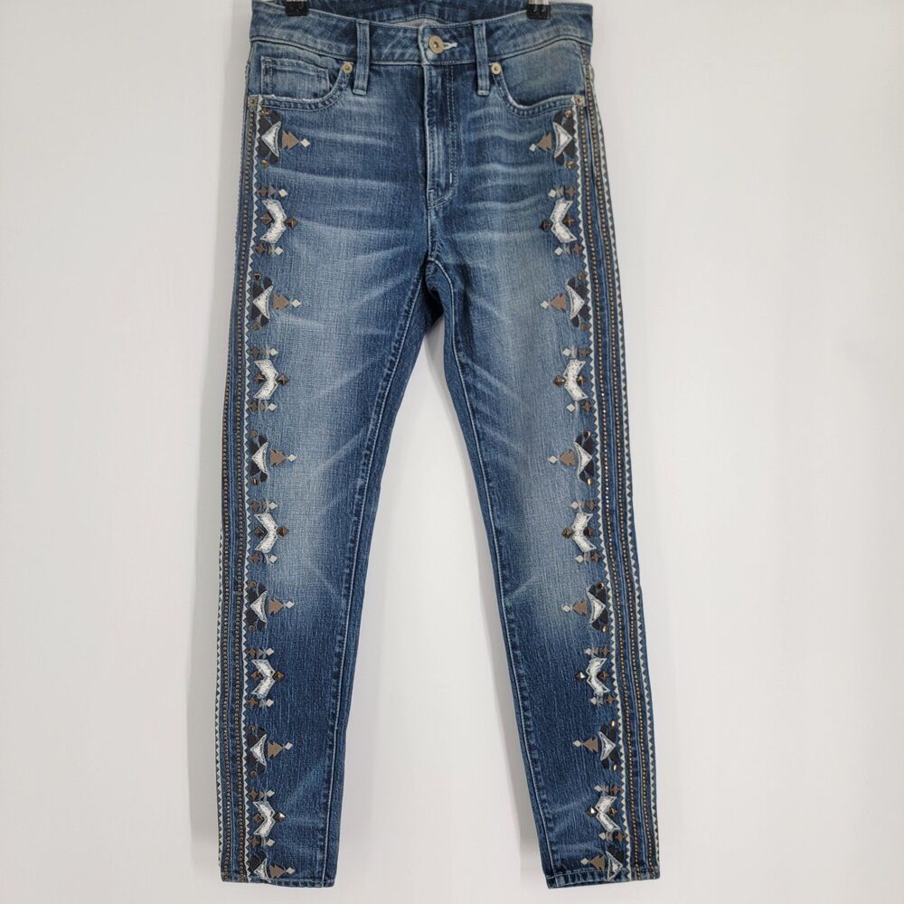 Womens 26x27.5 Boho Southwestern Embroidered Studded Slim Straight Sample Jeans